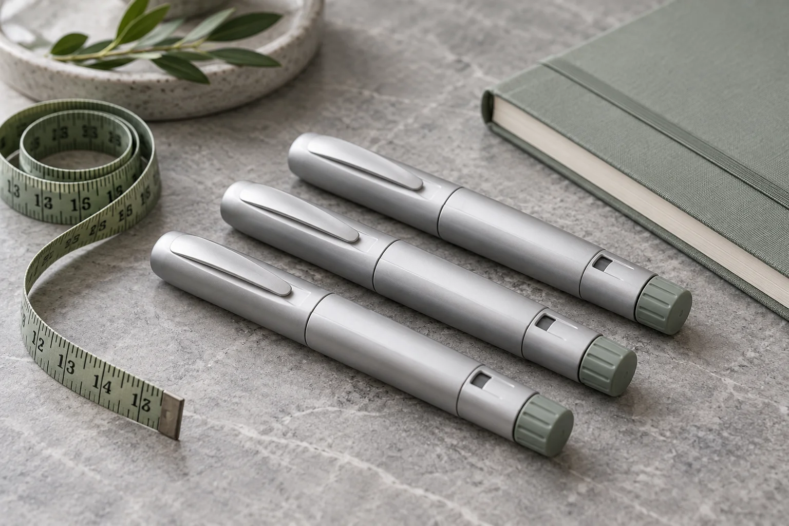 Three medical pens beside a measuring tape and notebook