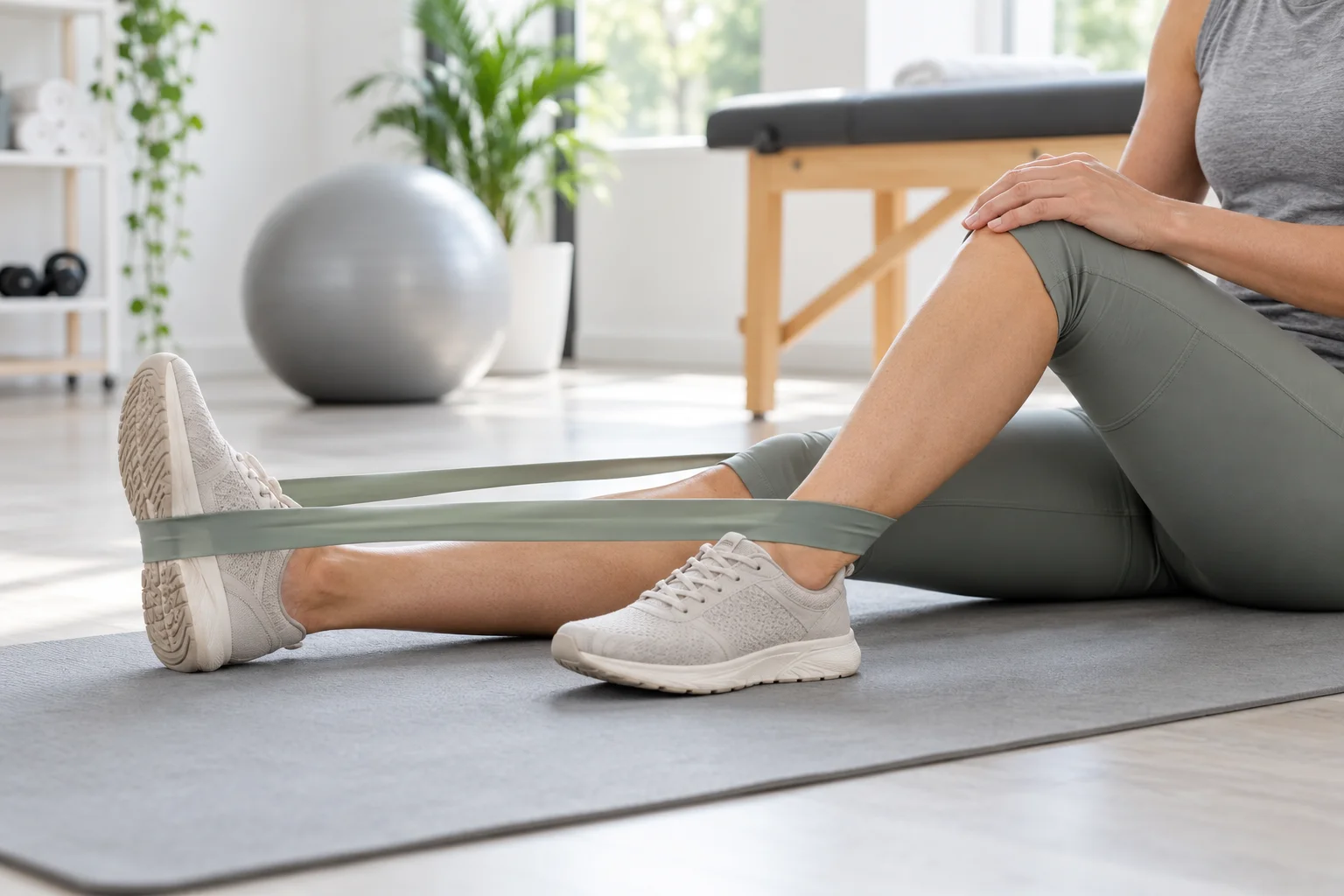 Gentle knee mobility exercise in a physiotherapy studio