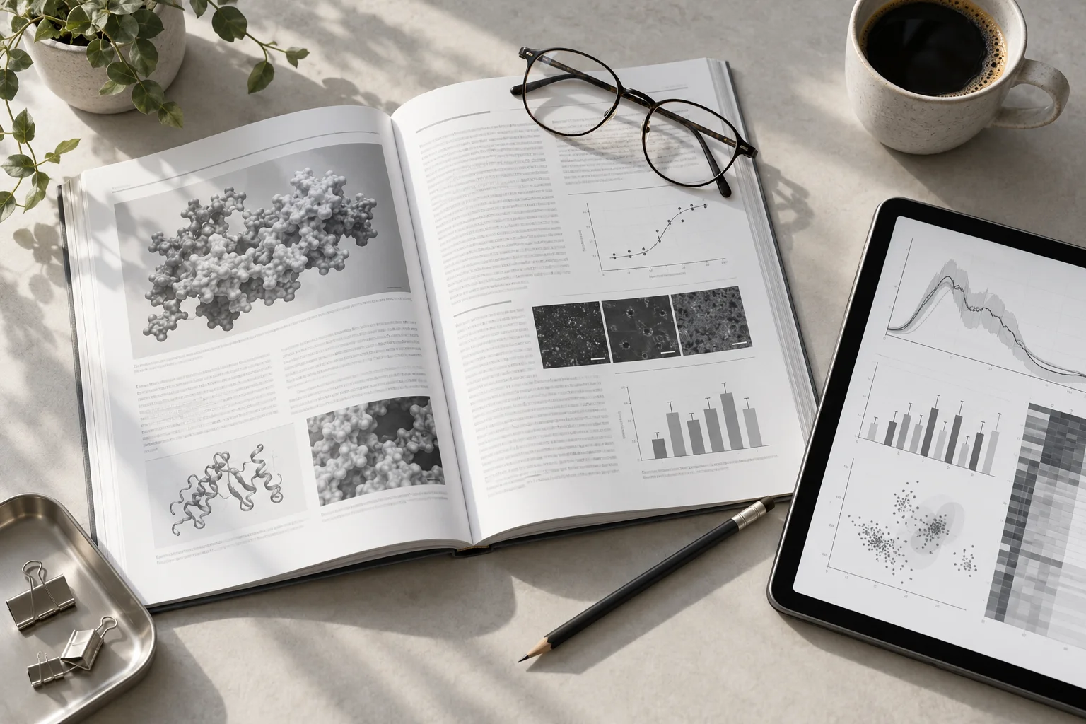 Scientific papers and charts on a reading desk