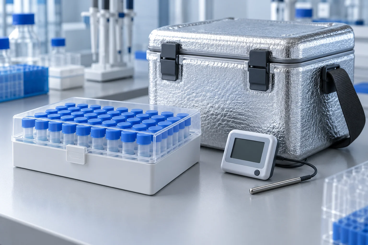 Organised sample storage with thermometer and insulated container